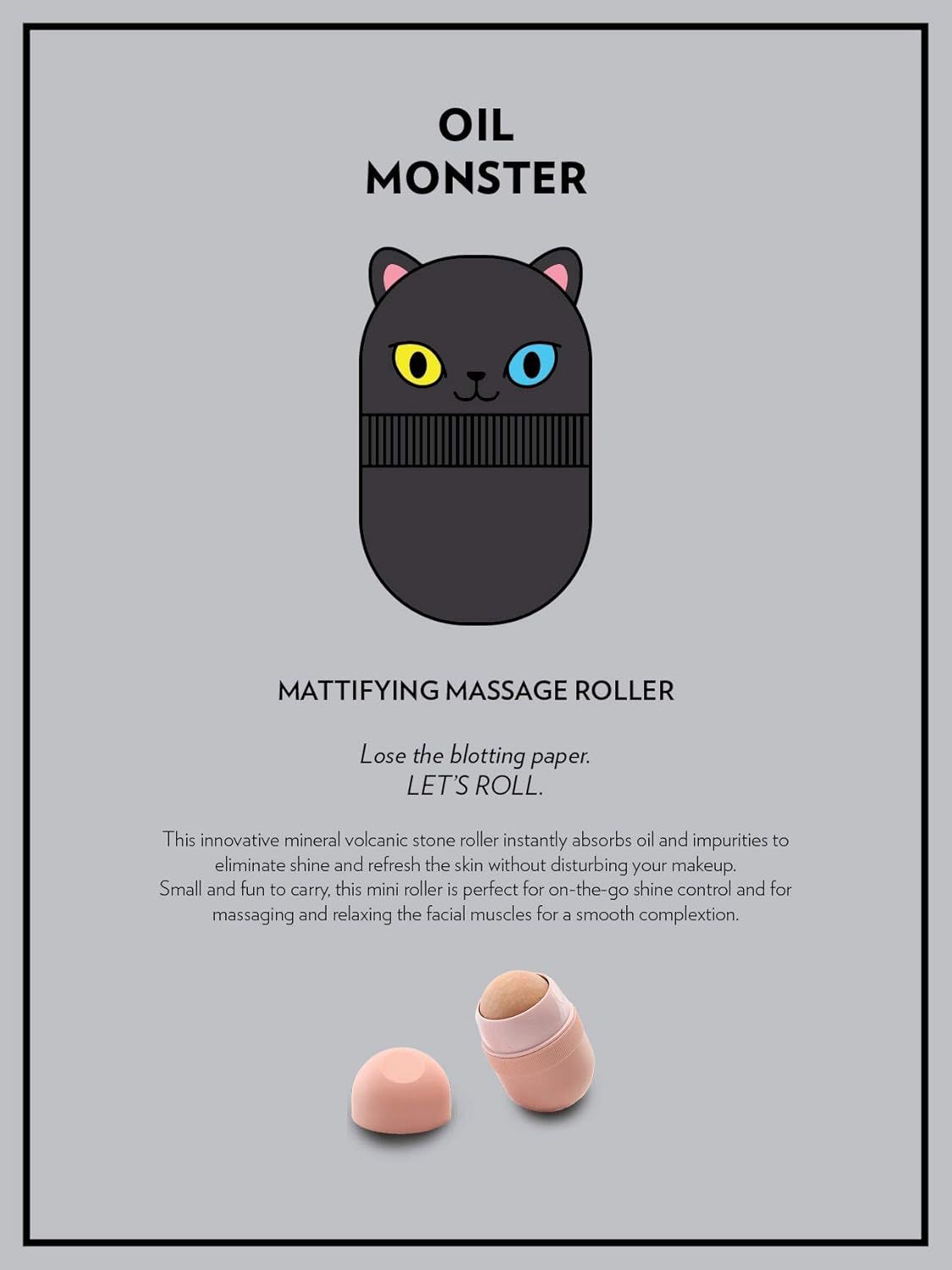 Werbeplakat für Haruen Oil Monster. Schwarzer Roller mit Katzenkopf-Design. Text: Oil Monster, Mattifying Massage Roller.