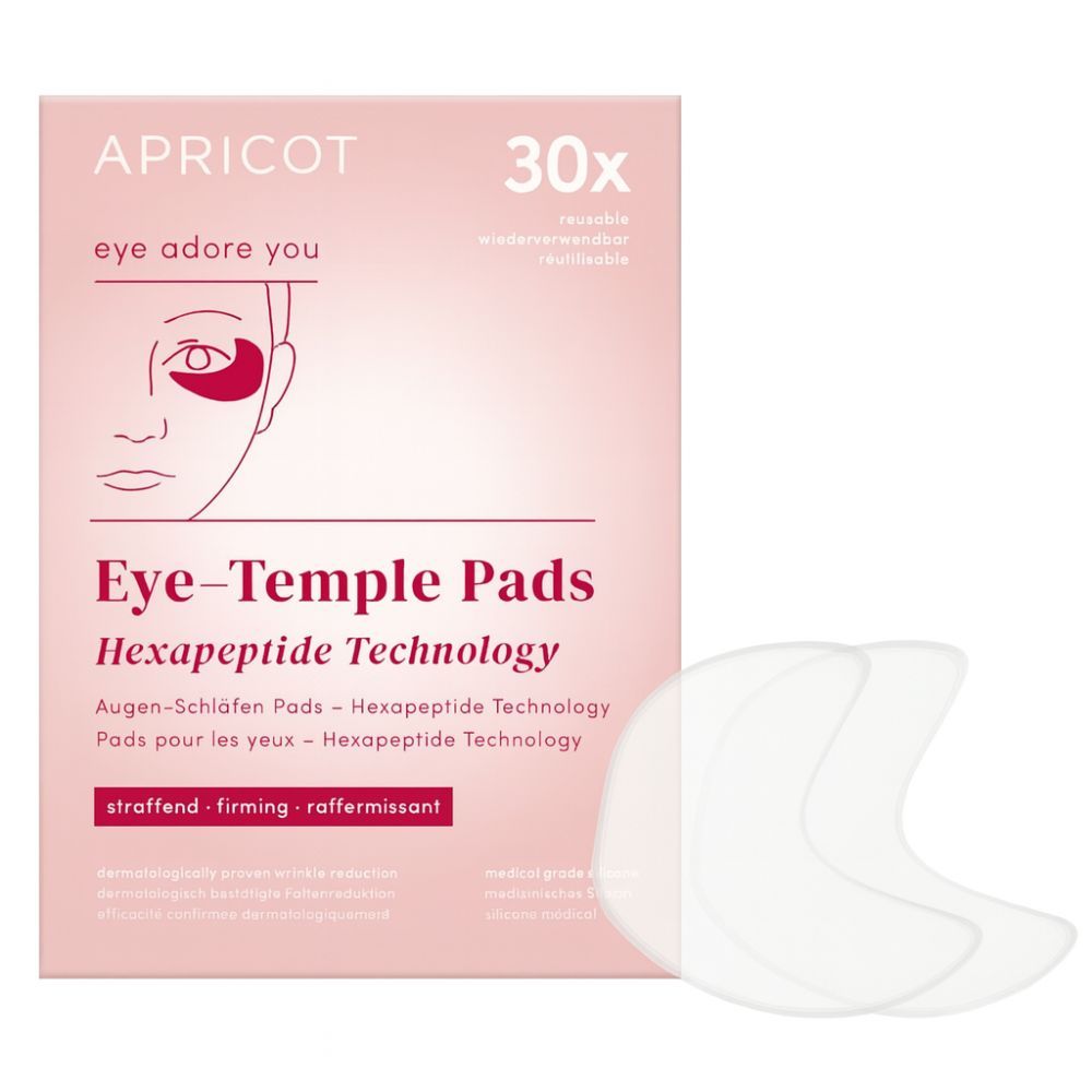 Verpackung von APRICOT Eye-Temple Pads mit Hexapeptid Technologie. 30 Pads, Illustration eines Auges.