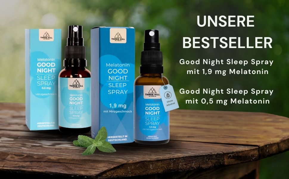 Drei Flaschen und Verpackungen. Aufschrift: Good Night Sleep Spray 0,5 mg und 1,9 mg. Hersteller: Three Hill Labs.