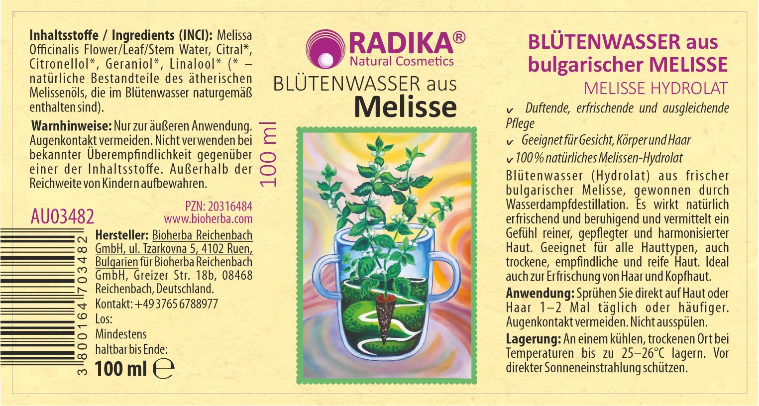 Bioherba Blütenwasser aus bulgarischer Melisse Hydrolat