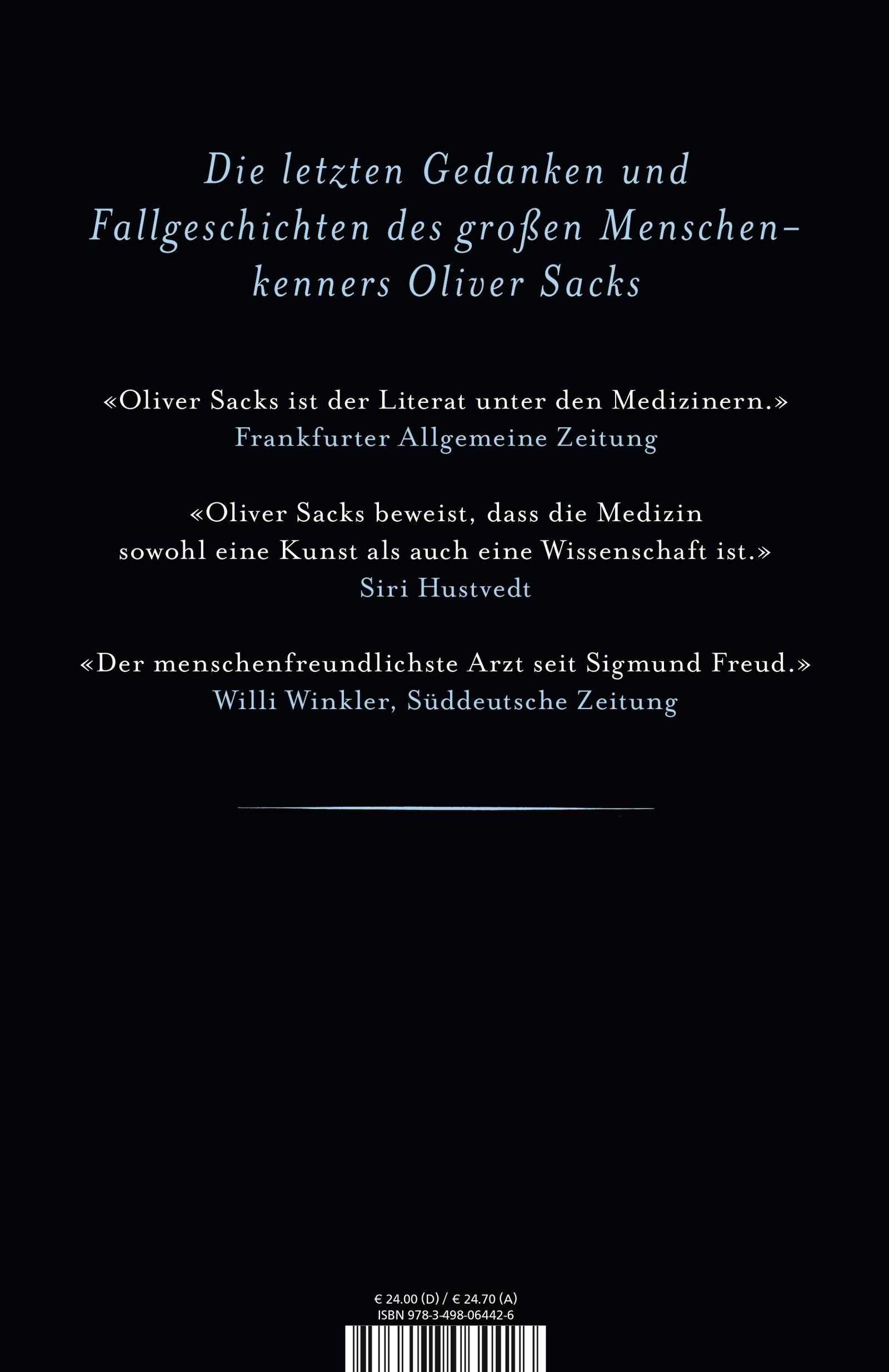 Rückseite des Buches "Alles an seinem Platz". Zitate über Oliver Sacks. Schwarzer Hintergrund, weiße Schrift. ISBN und Preisangaben.