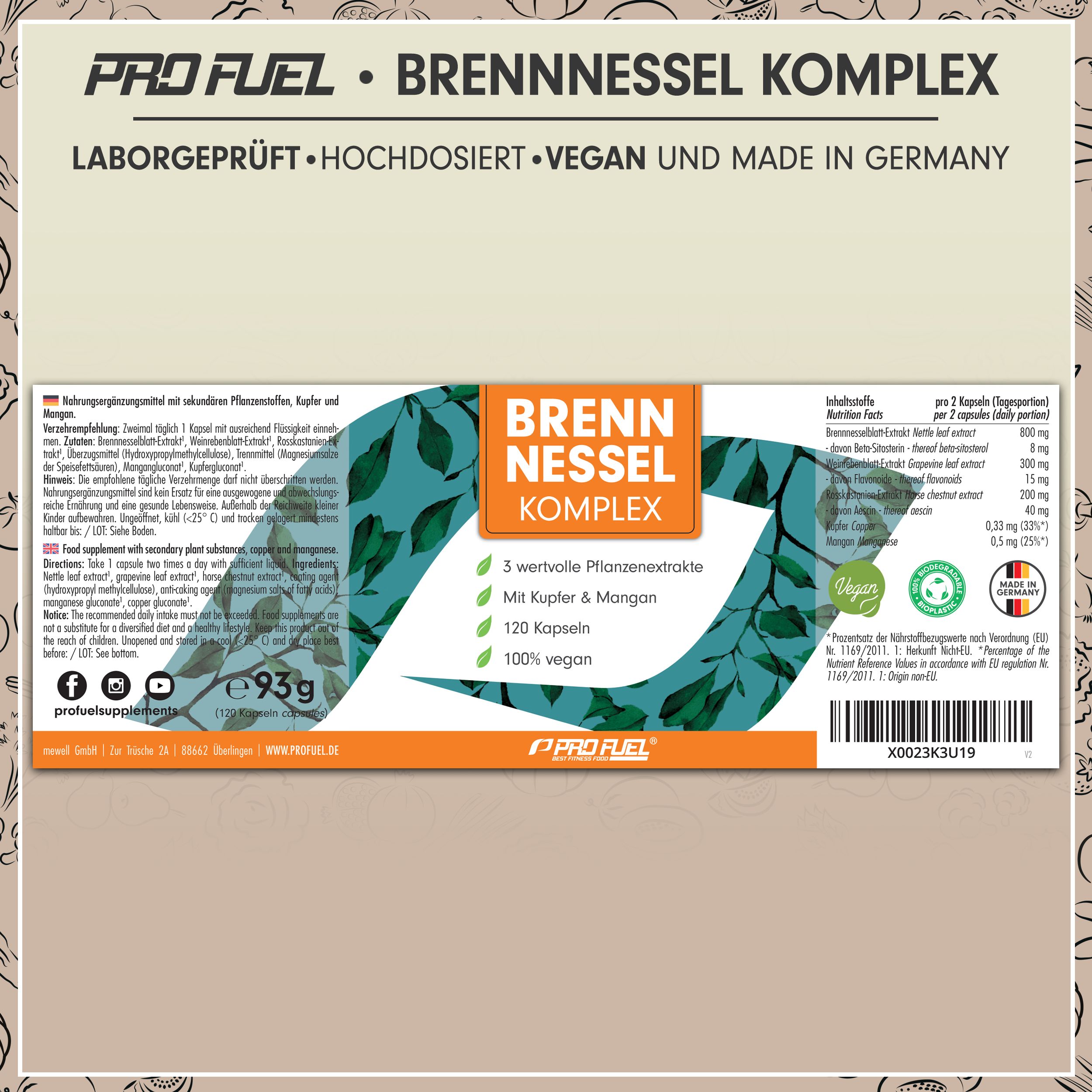 Verpackung Brennnessel Komplex Kapseln. Enthält 120 Kapseln. Mit 3 wertvollen Pflanzenextrakten, Kupfer & Mangan. Vegan. Hergestellt in Deutschland. 93g.