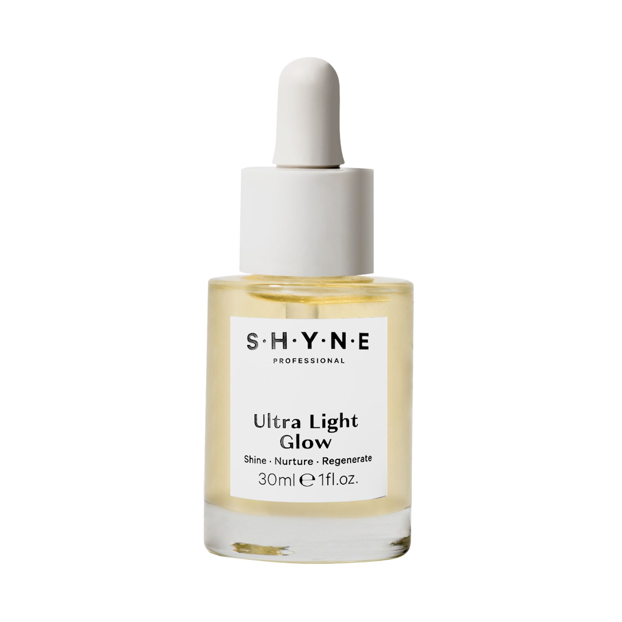 Klarflüssiges Öl in einer Glasflasche mit Pipette. Aufschrift: SHYNE, Ultra Light Glow, 30ml 1fl.oz.