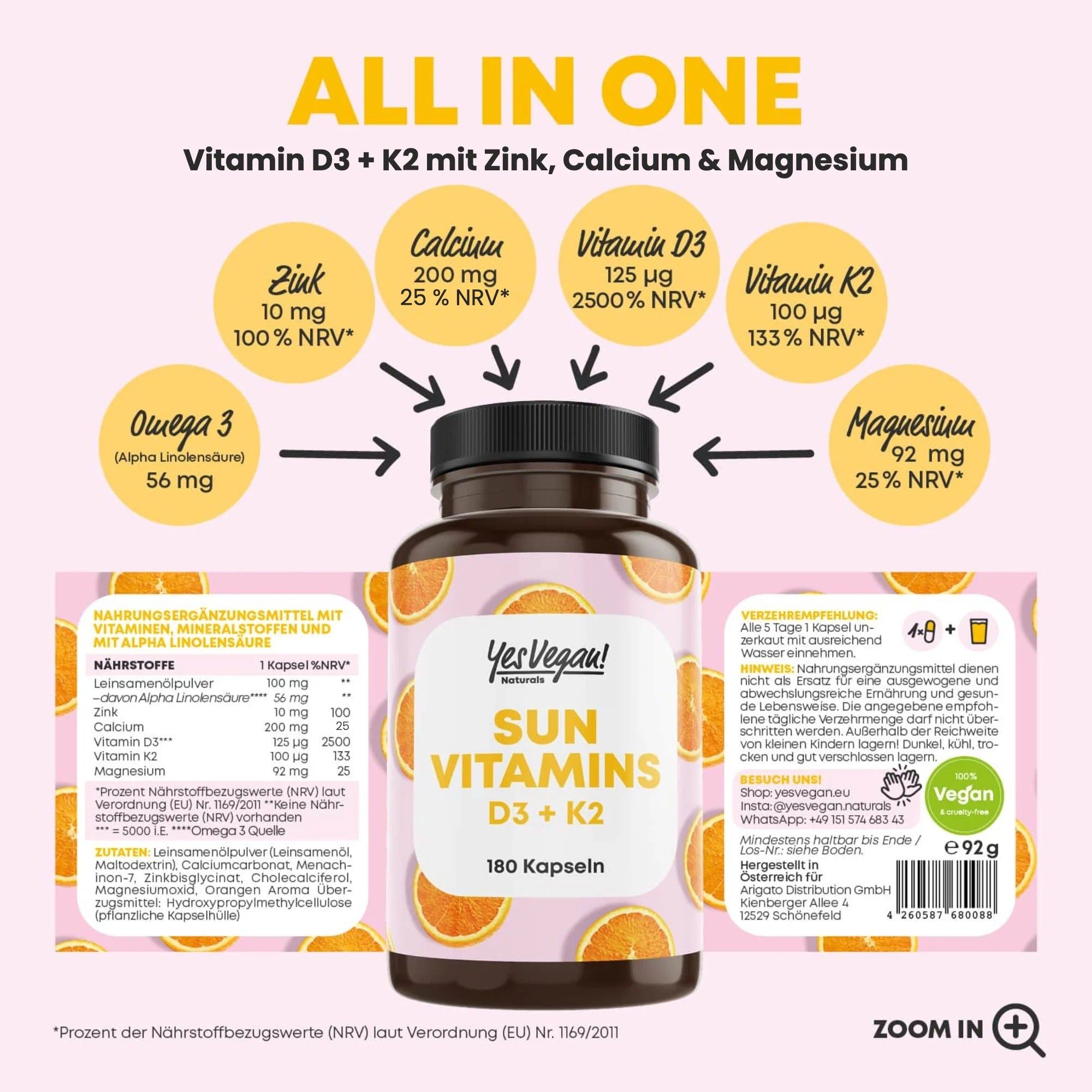 Flasche mit 180 Kapseln "Sun Vitamins D3 + K2" von Yes Vegan. Enthält Zink, Calcium, Vitamin D3, K2, Omega 3 und Magnesium.