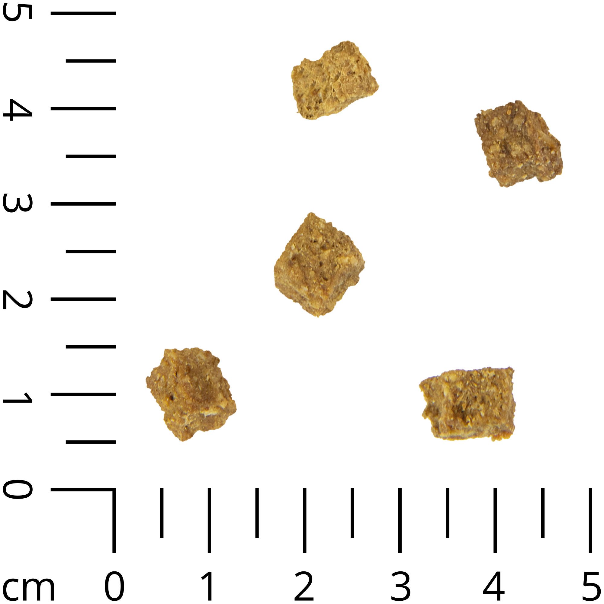 Fünf Hundesnack-Würfelchen neben einem Lineal. Eckige, braune Stücke.