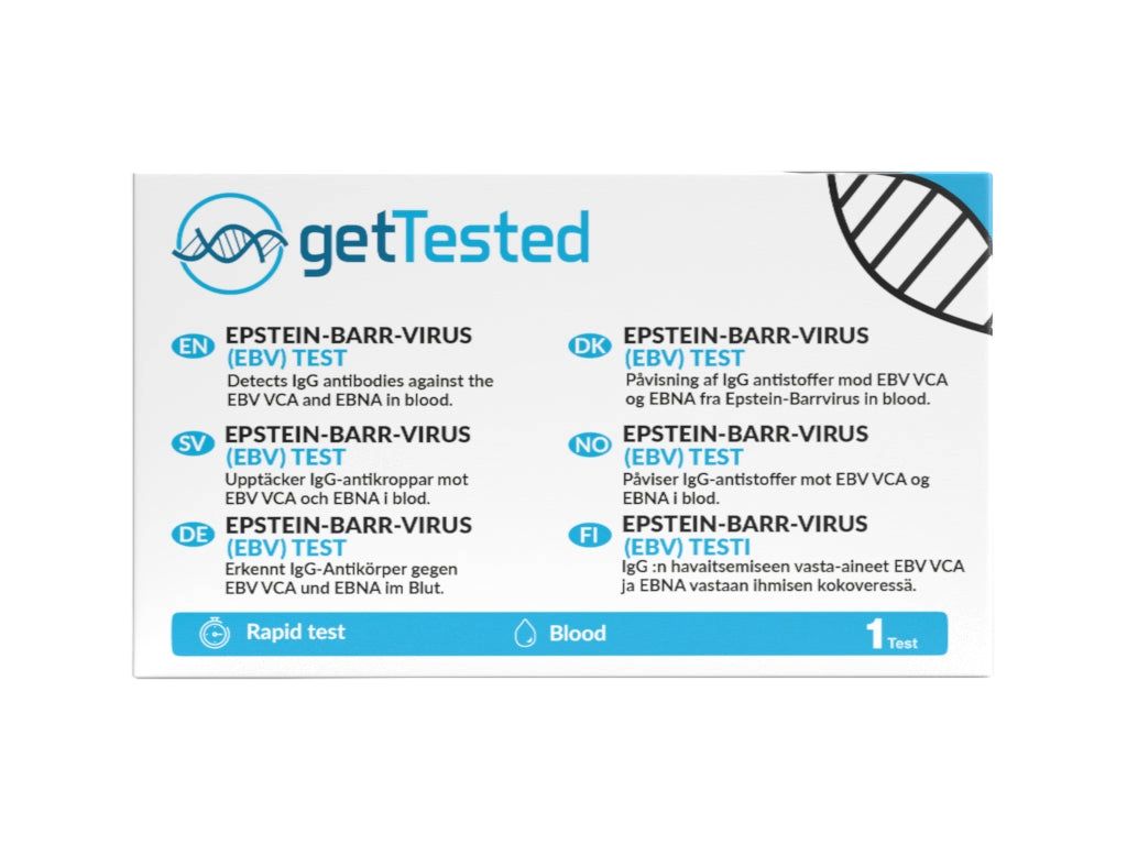 GetTested Epstein-Barr-Virus (EBV) Test. Enthält Test, Schnelltest, Blut. Mehrsprachige Informationen.