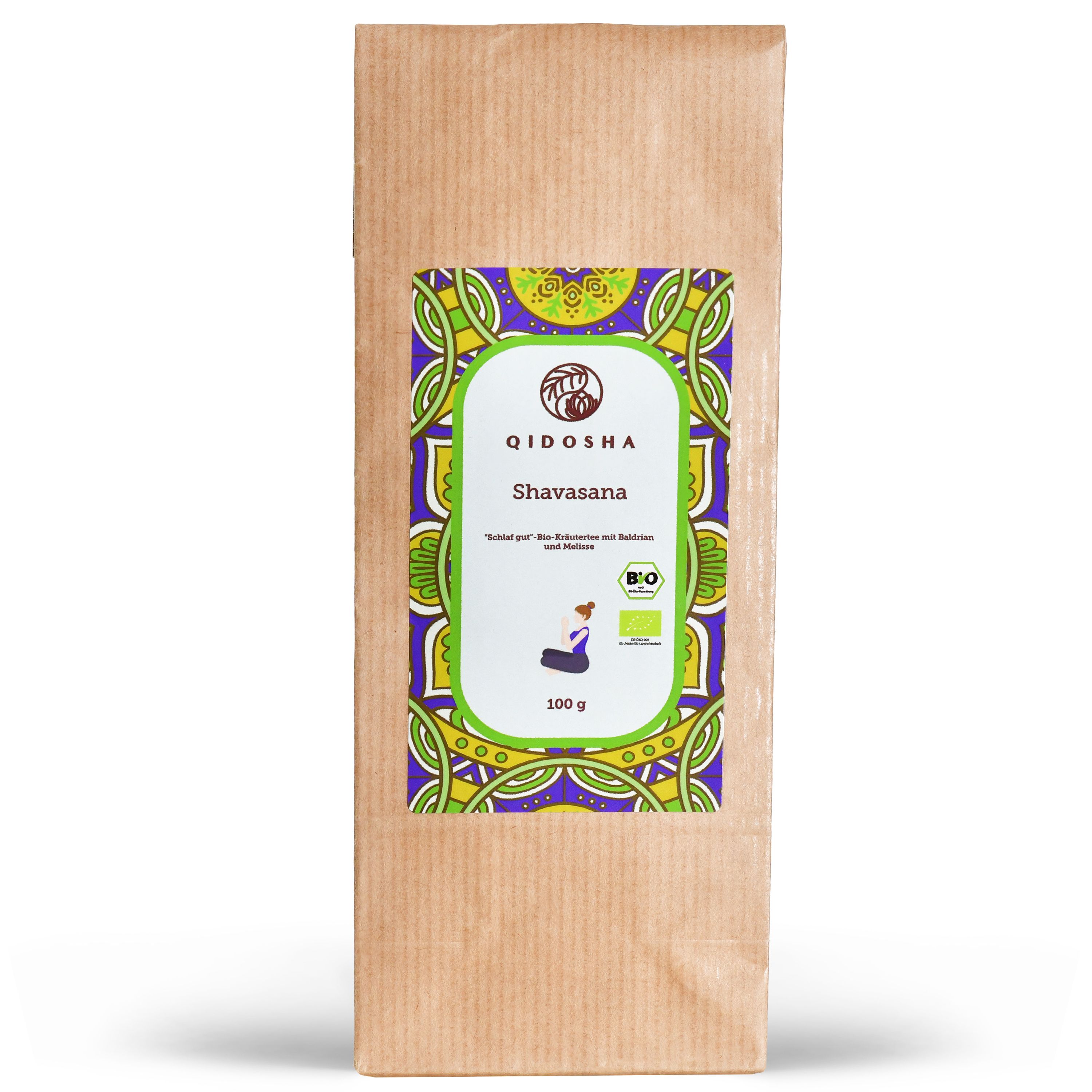 Braune Papiertüte mit Aufkleber. Aufkleber mit QIDOSHA, Shavasana, Illustration, Bio-Siegel und 100g-Angabe.