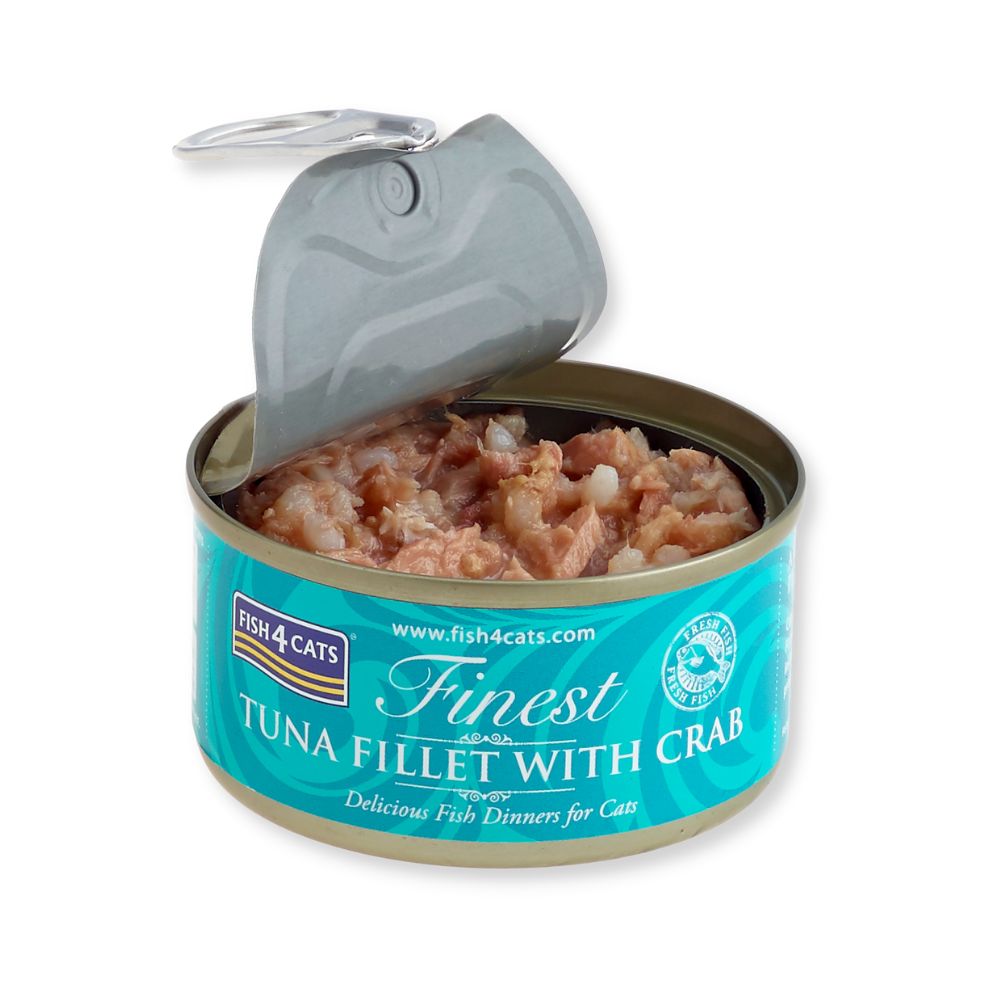 Geöffnete Dose Thunfischfilet mit Krabben. Blaue Dose mit Produktnamen und Logo. Der Inhalt ist sichtbar.