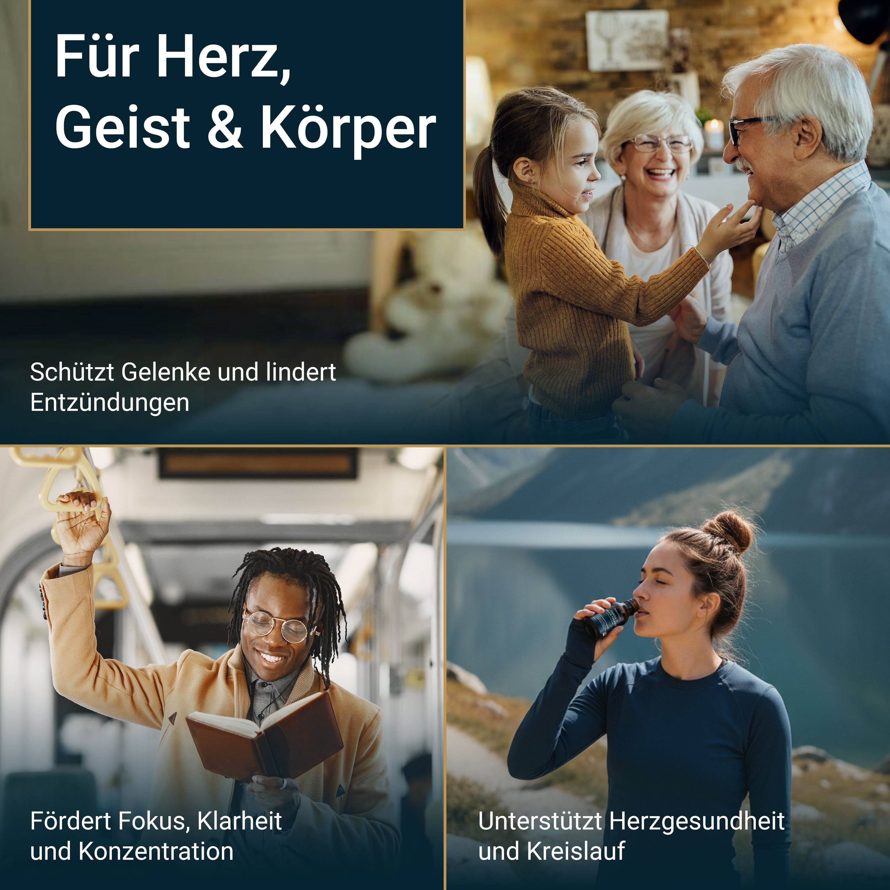 Collage: Menschen in verschiedenen Situationen. Text: "Für Herz, Geist & Körper". Szenen: Bus, Lesen, Trinken.