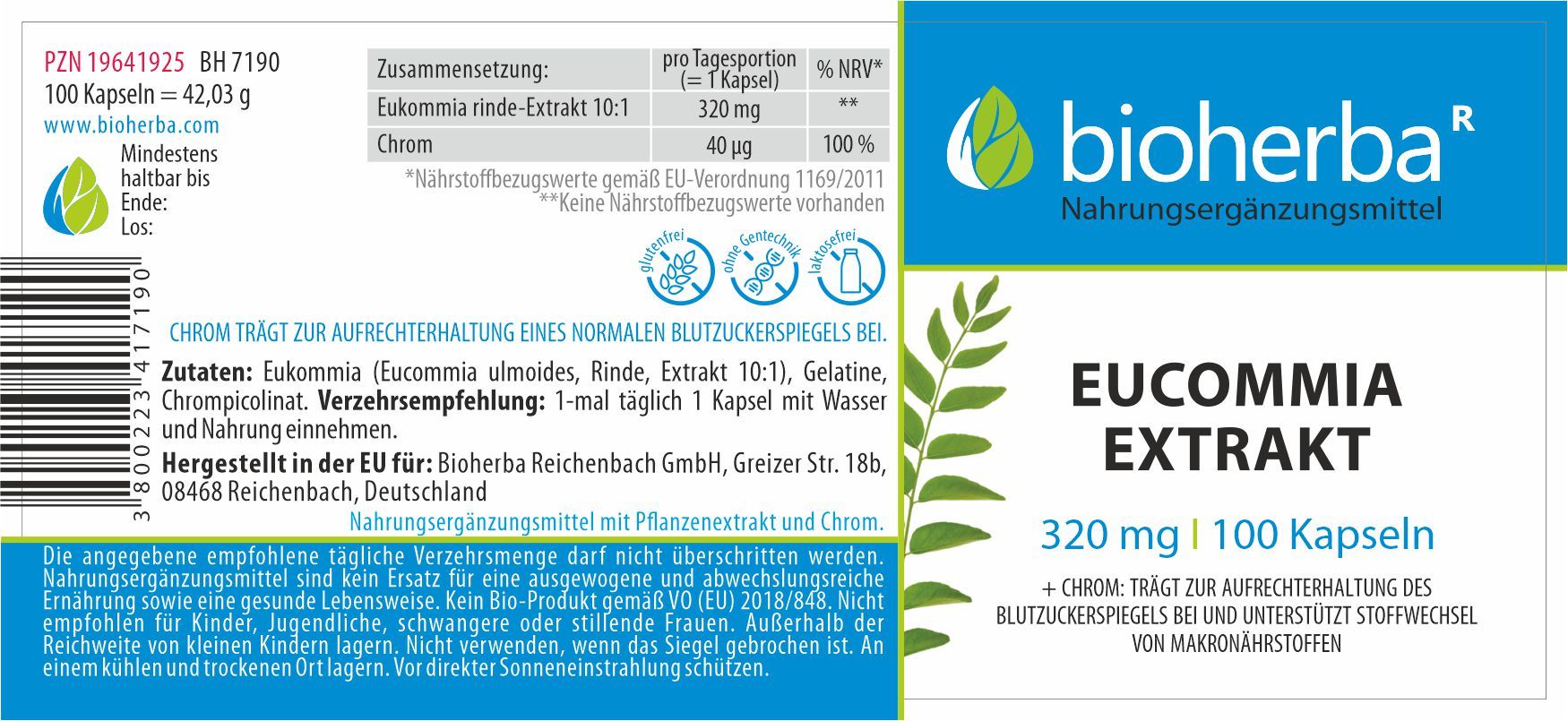 Rückseite der Bioherba Eucommia Extrakt Kapseln Verpackung mit Nährwertangaben und Inhaltsstoffen.