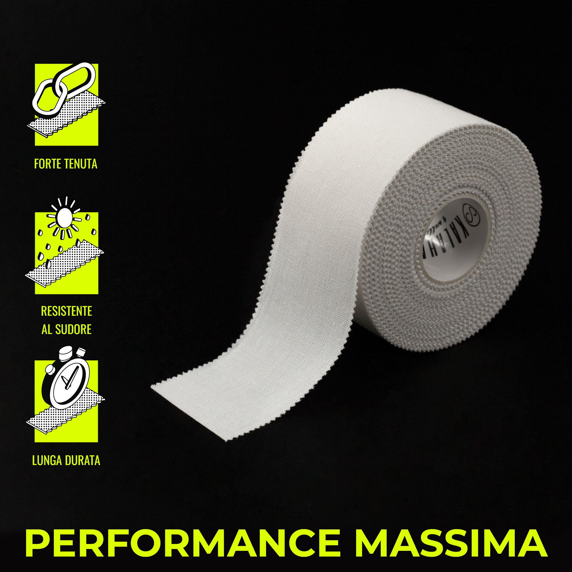 Eine Rolle weißes Sporttape mit Icons für starken Halt, Schweißresistenz und lange Haltbarkeit.