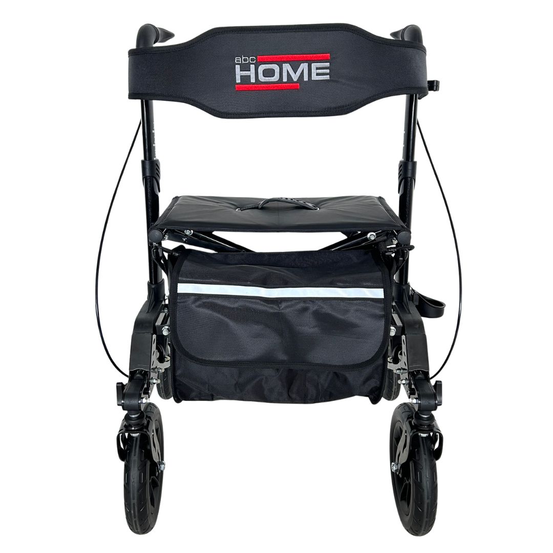 Vorderansicht eines schwarzen Rollators mit Sitz und Tasche.