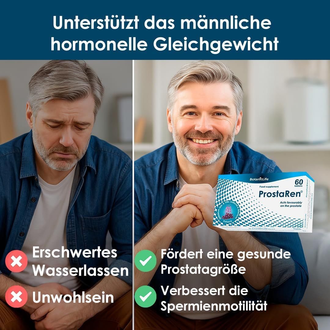 Vergleichsbild: Mann mit und ohne Beschwerden. Text: Fördert eine gesunde Prostatagröße, verbessert die Spermienmotilität.