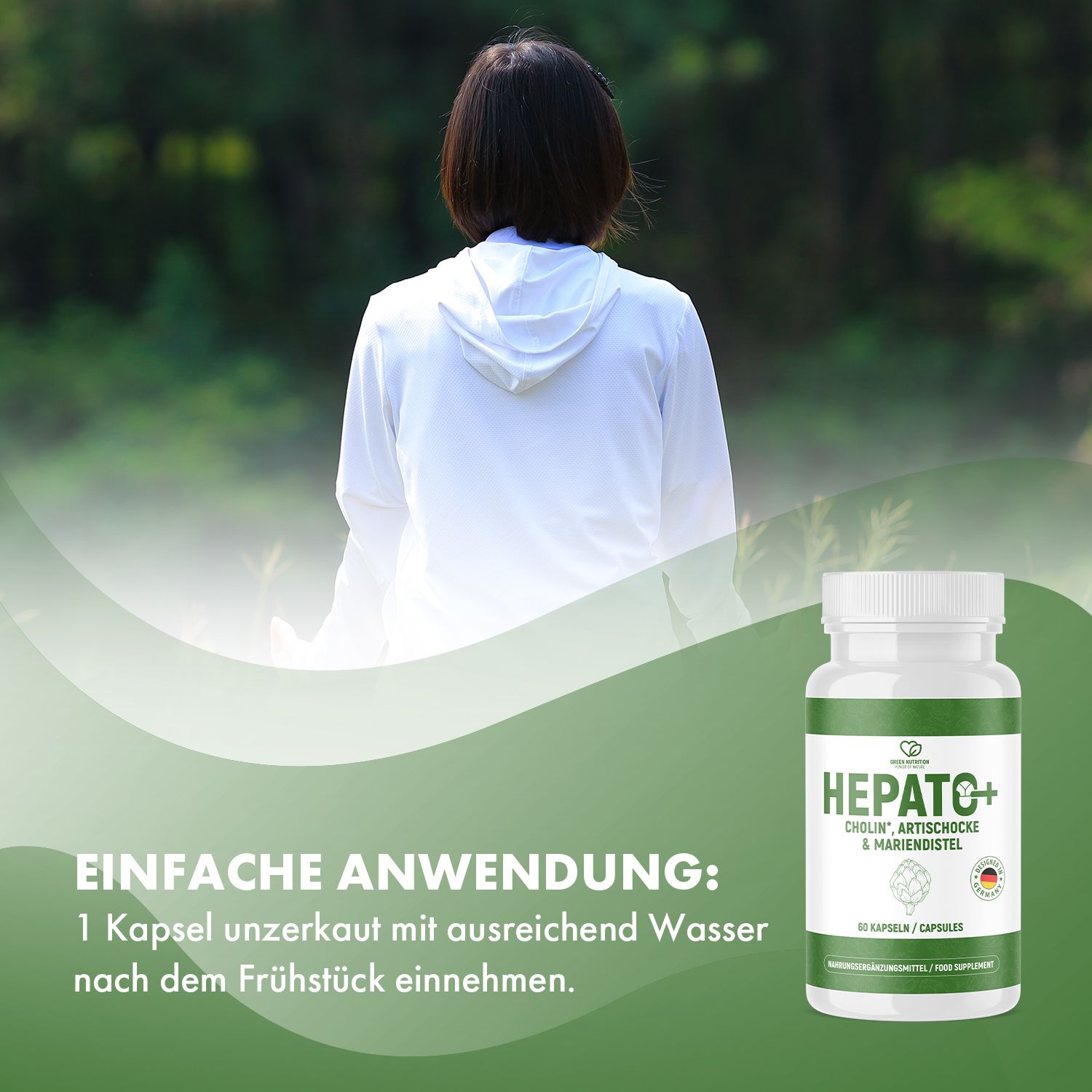 Person im Hintergrund. Kapsel-Dose mit grünem Etikett. Text: Einfache Anwendung: 1 Kapsel unzerkaut mit ausreichend Wasser nach dem Frühstück einnehmen.