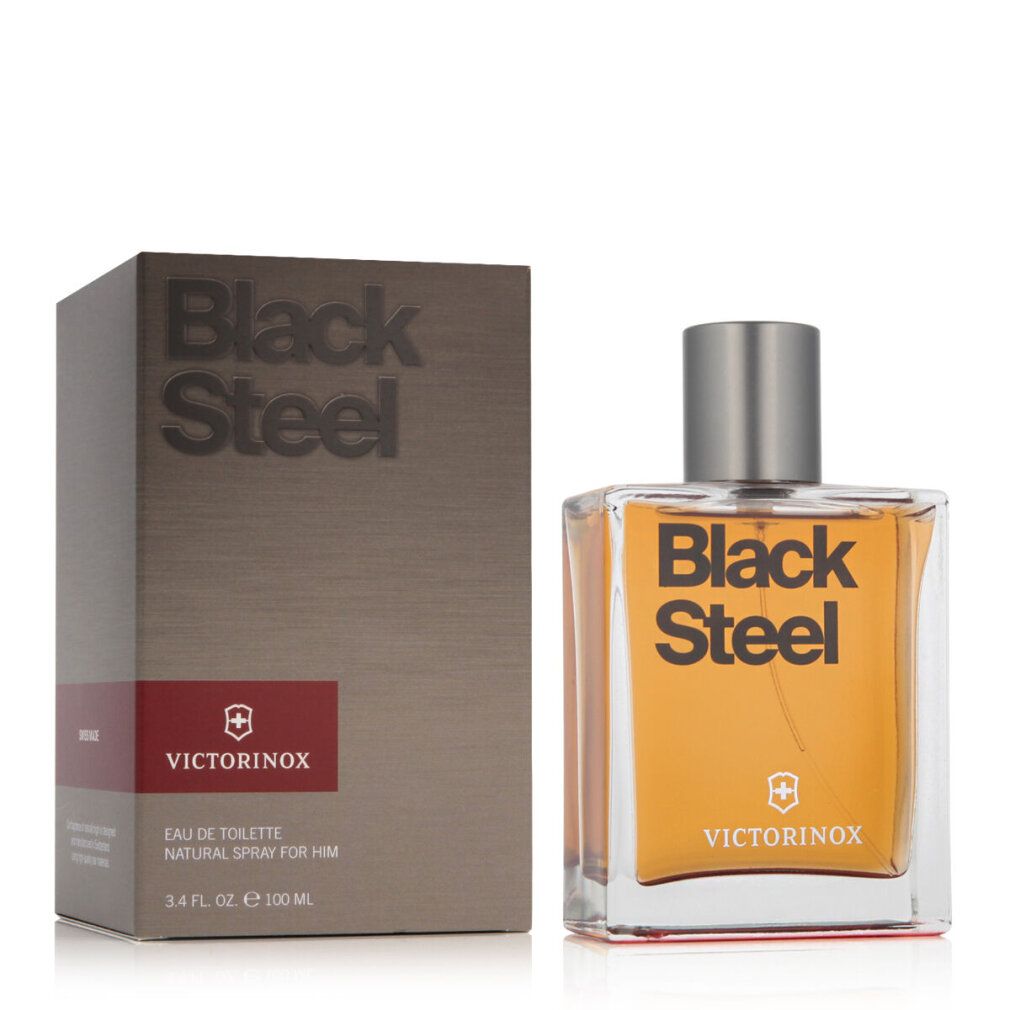 Parfümflasche und Verpackung. Flasche mit silbernem Deckel, gelber Flüssigkeit. Verpackung mit Logo und Text: Black Steel.