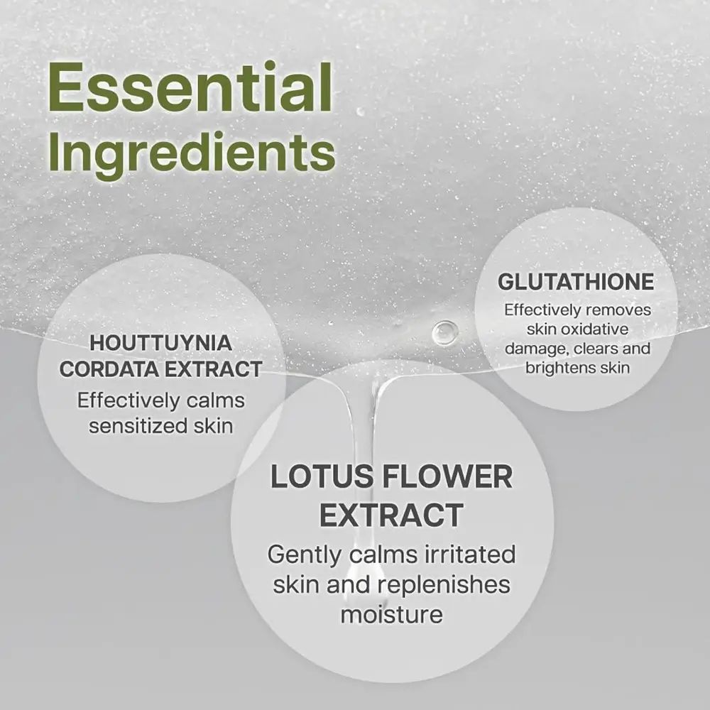 Grafik mit Inhaltsstoffen: Houttuynia Cordata Extrakt, Lotusblütenextrakt, Glutathion. Text: beruhigt empfindliche Haut, befeuchtet, entfernt oxidativen Schaden.