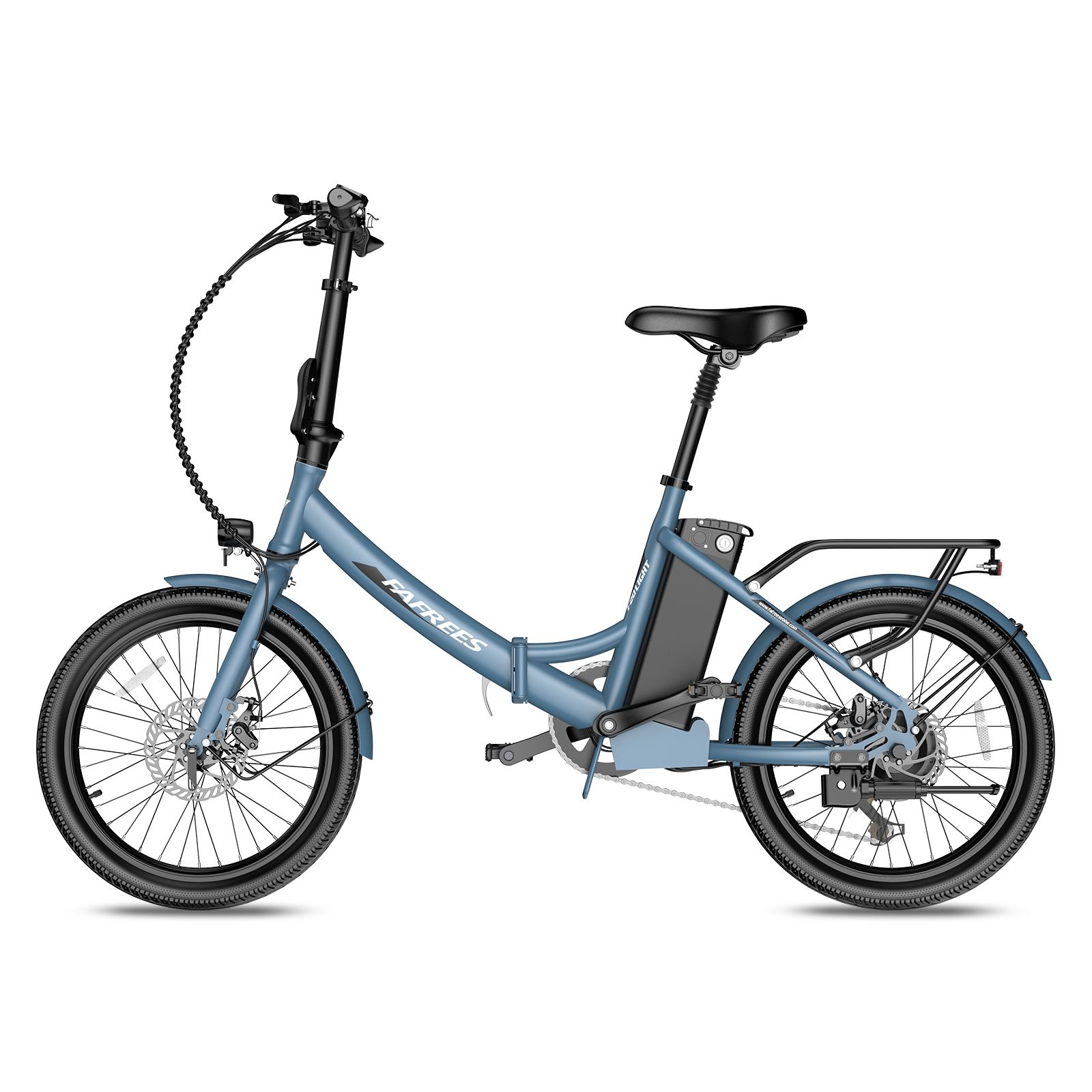 Blaues Falt-E-Bike mit schwarzem Sattel und Gepäckträger. Marke FAFREES am Rahmen.