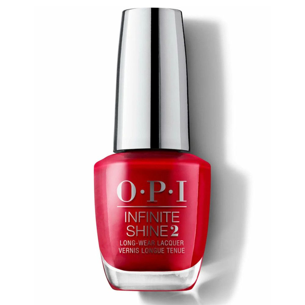 Rote Nagellackflasche mit silbernem Deckel. OPI Infinite Shine 2. Lang anhaltender Lack.