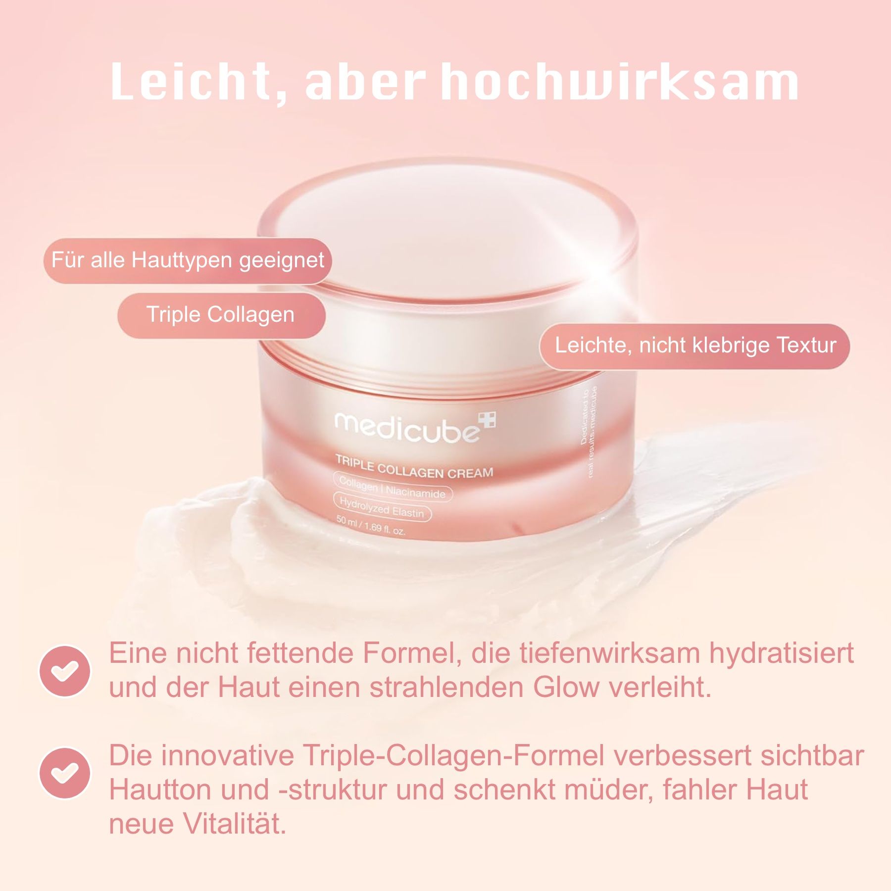 Geöffnete Creme-Dose. Text: Leicht, aber hochwirksam. Für alle Hauttypen geeignet. Leichte, nicht klebrige Textur. Triple Collagen.