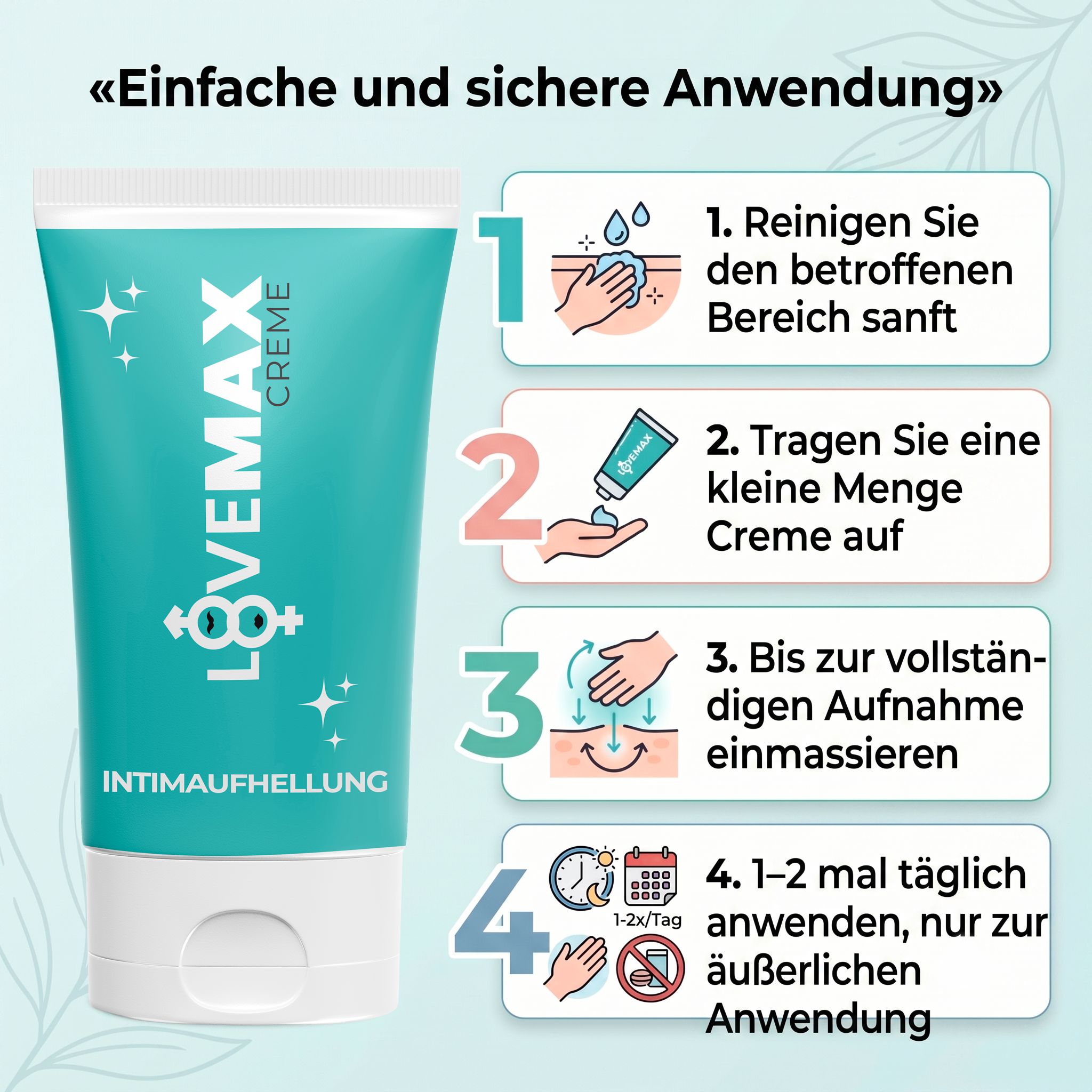 Türkise Tube mit weißem Deckel, beschriftet mit LOVE MAX CREME und INTIMAUFHELLUNG.