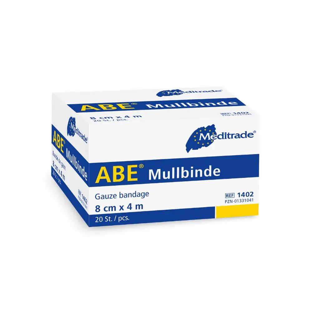 Weiße Verpackung von ABE® Mullbinde. Aufschrift: 'Gauze bandage 8 cm x 4 m 20 St./pcs.' Logo von Meditrade.