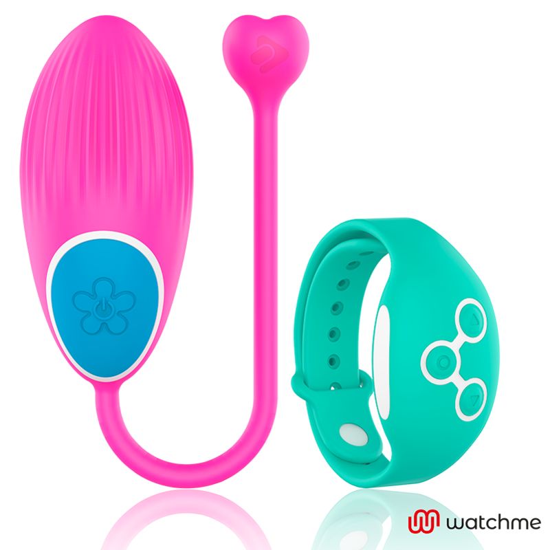 Rosa Ei mit blauer Basis und grüner Armbanduhr. Herzförmiger Griff. Armbanduhr mit Knöpfen. Marke: watchme.
