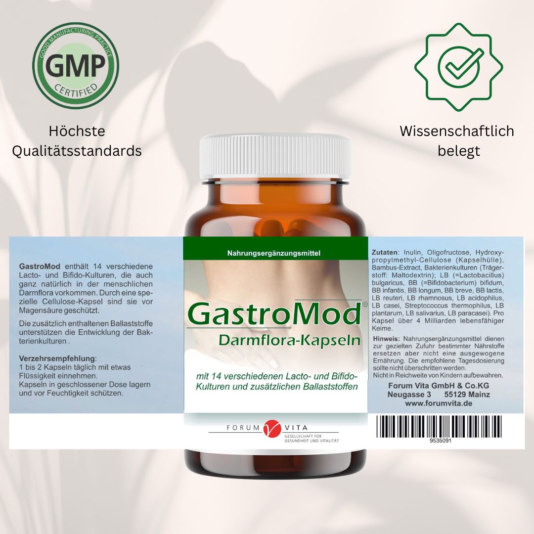 Braune Flasche mit Kapseln. Text: GastroMod Darmflora-Kapseln. Logos: GMP, wissenschaftlich belegt. Zutatenliste und Verzehrempfehlung.