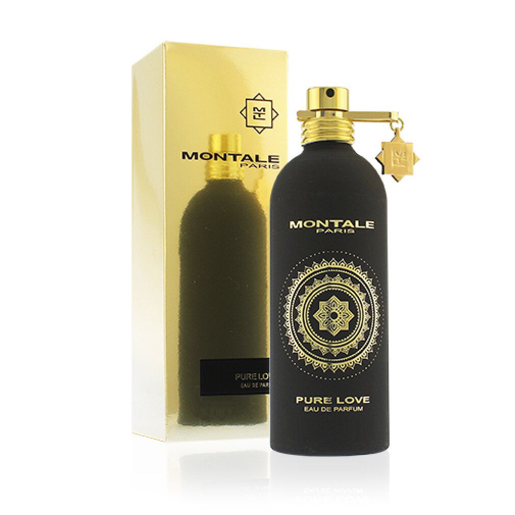 Schwarze Flasche mit goldener Verpackung. Aufschrift: MONTALE PARIS, PURE LOVE, Eau de Parfum. Goldener Zerstäuber.