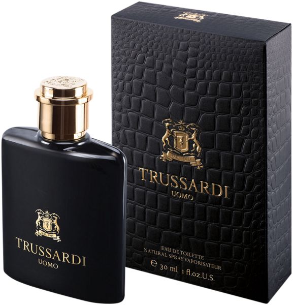 Schwarzer Flakon und Verpackung. Goldener Verschluss. Logo und Schriftzug TRUSSARDI UOMO.