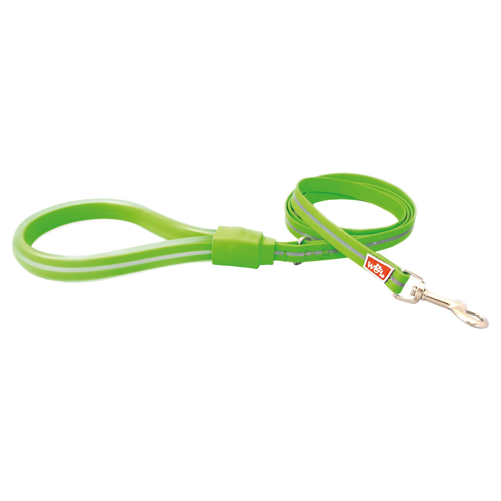 Neonfarbene Hundeleine mit Reflexstreifen. Grün, 180 cm lang. Mit Karabinerhaken und Handschlaufe.