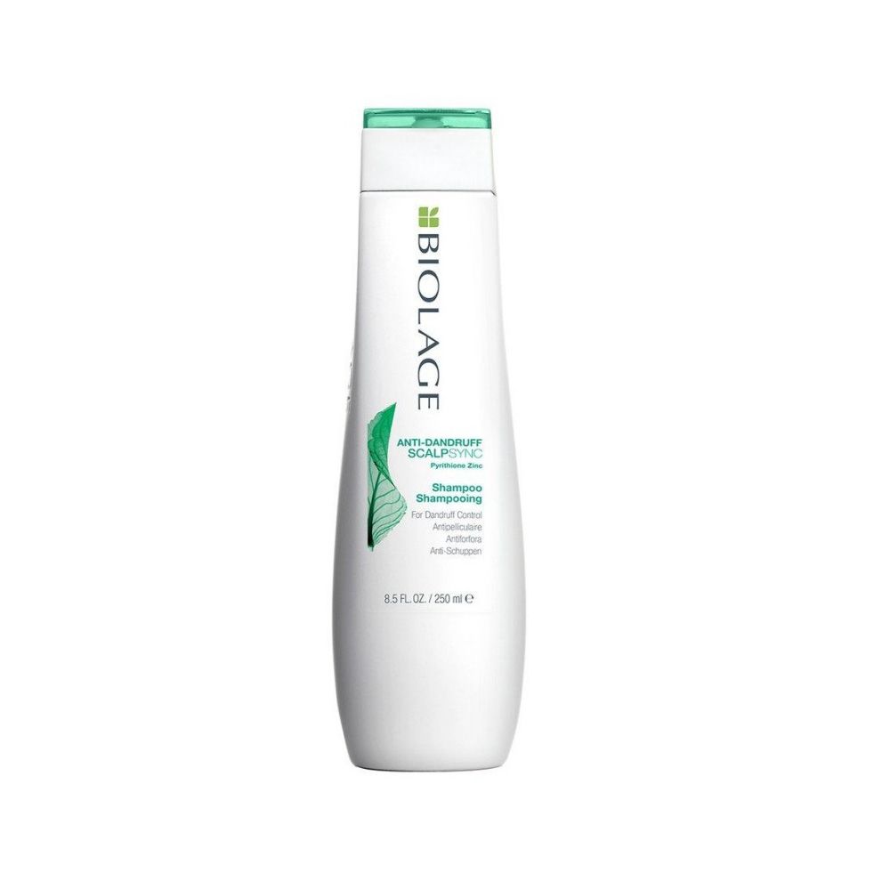 Weiße Shampoo-Flasche mit grünem Deckel. Aufschrift: BIOLAGE, Anti-Schuppen, ScalpSync. 250 ml.