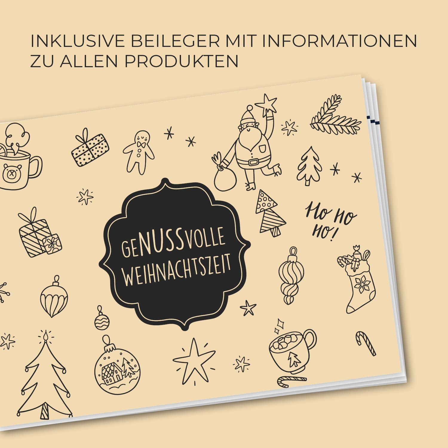 Offene Broschüre mit Illustrationen eines Adventskalenders. Text: GENUSSVOLLE WEIHNACHTSZEIT. Enthält Informationen zu Produkten.