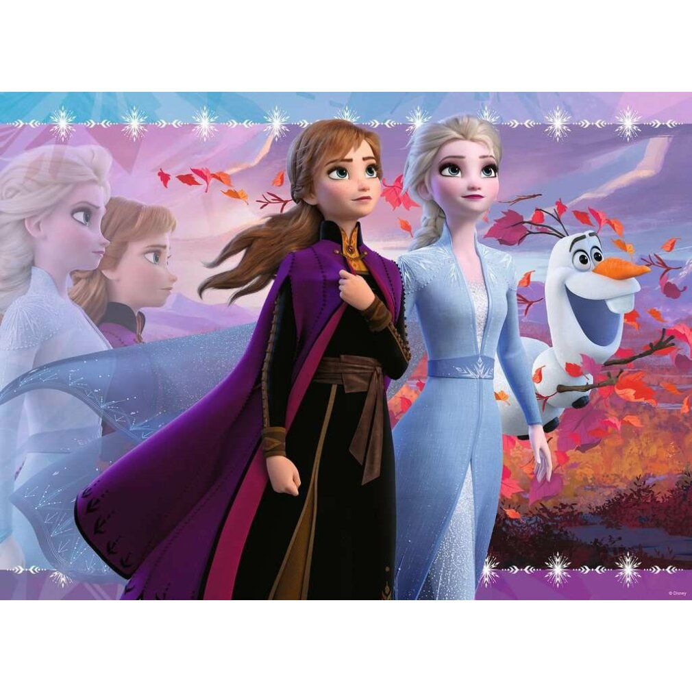 Puzzle-Motiv mit Anna, Elsa und Olaf aus Frozen II. Herbstliche Szene mit Figuren vor farbigem Hintergrund.