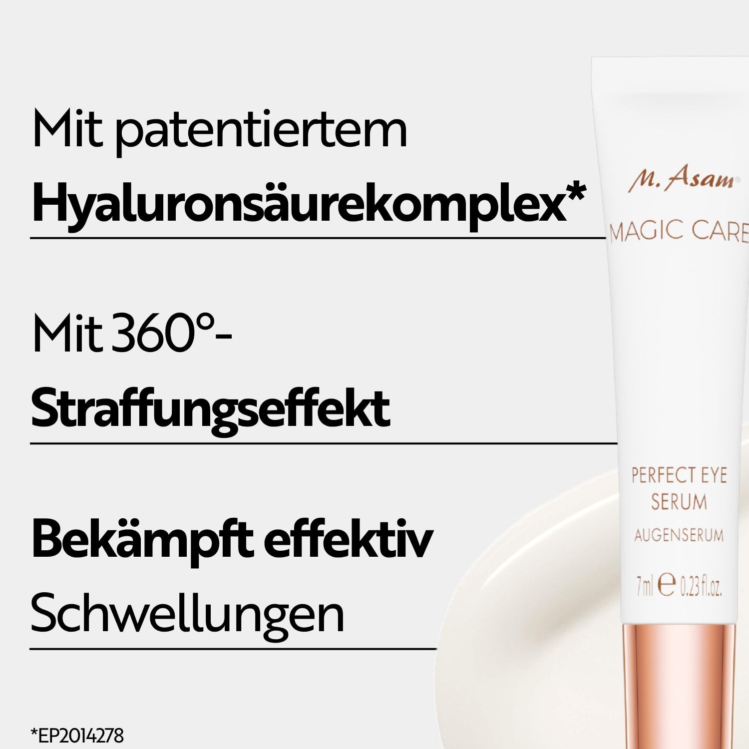 M. Asam Perfect Eye Serum Augenserum Tube mit Text zu Hyaluronsäurekomplex und Straffungseffekt.