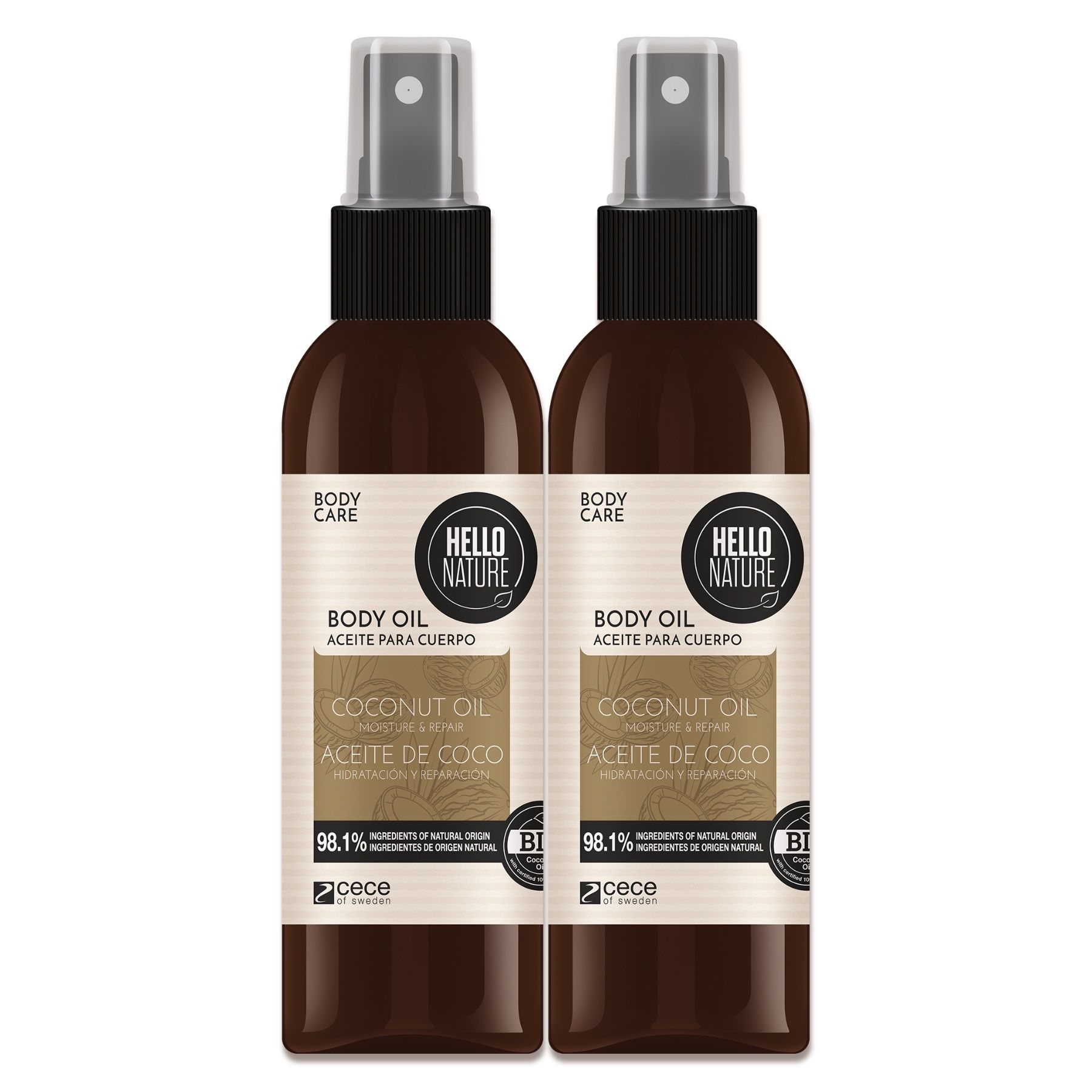 Zwei braune Flaschen Hello Nature Body Oil mit Sprühkopf. Aufschrift: Body Oil, Coconut Oil, Aceite de Coco.