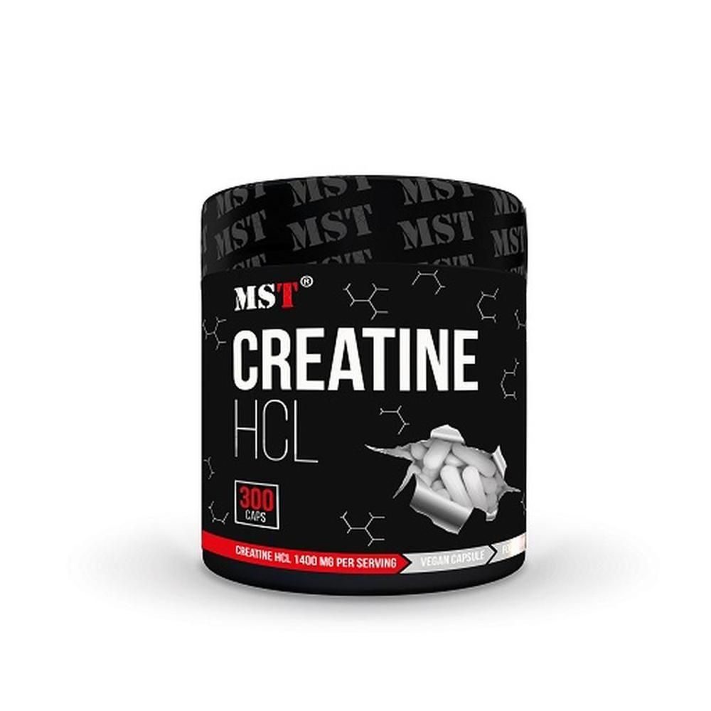 Schwarze Dose mit weißer Aufschrift CREATINE HCL und 300 Kapseln. Ein Teil der Kapseln ist durch ein Loch sichtbar.
