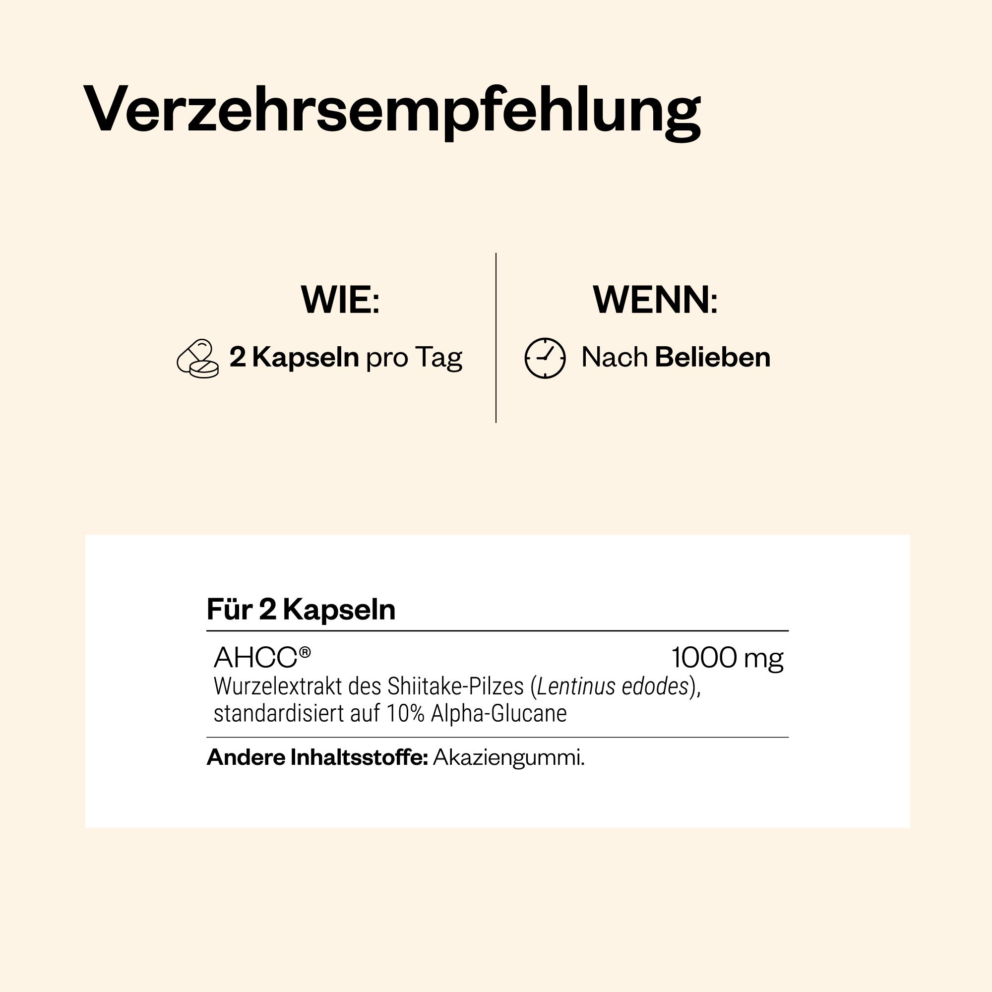 Infografik mit Text: 'Verzehrsempfehlung'. 2 Kapseln pro Tag. Inhaltsstoffe: AHCC, Shiitake-Pilzextrakt, etc.