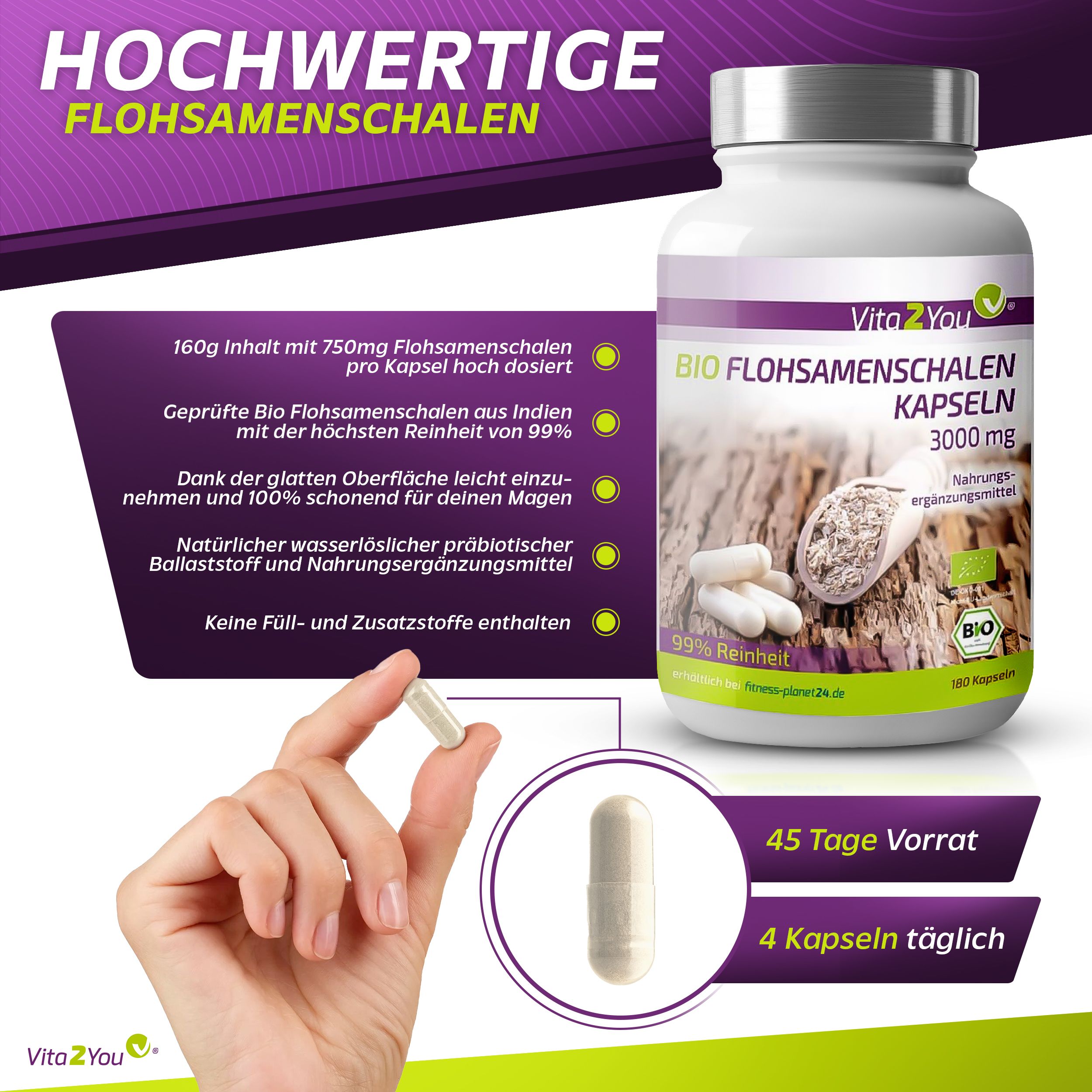 Weiße Kapseln in einer Hand. Daneben eine Flasche mit Kapseln und Text: Vita2You Bio Flohsamenschalen Kapseln 3000 mg. Bio-Siegel.