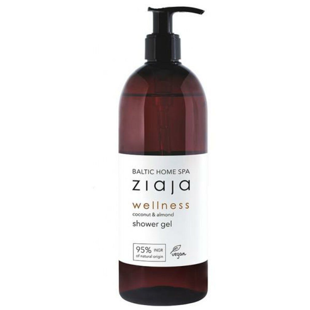 Braune Flasche mit schwarzem Pumpverschluss. Weißes Etikett mit Text: ZIAJA, wellness, coconut & almond shower gel. Vegan-Siegel.