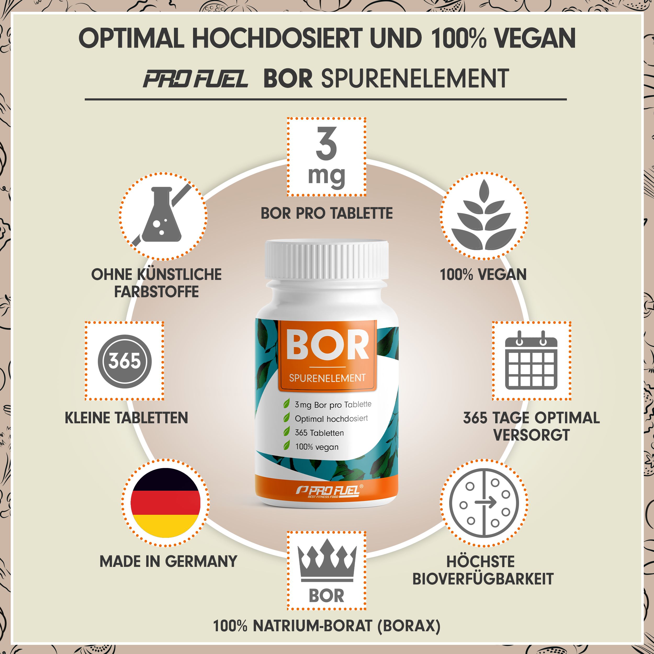 Kreisförmige Infografik mit BOR-Tablettenflasche. Text: 3 mg, 100% vegan, Made in Germany.