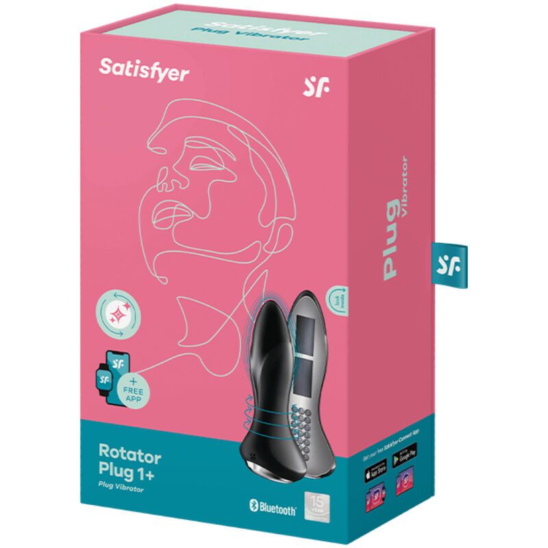 Verpackung des Satisfyer Rotator Plug 1+. Mit Produktabbildungen und App-Hinweis.