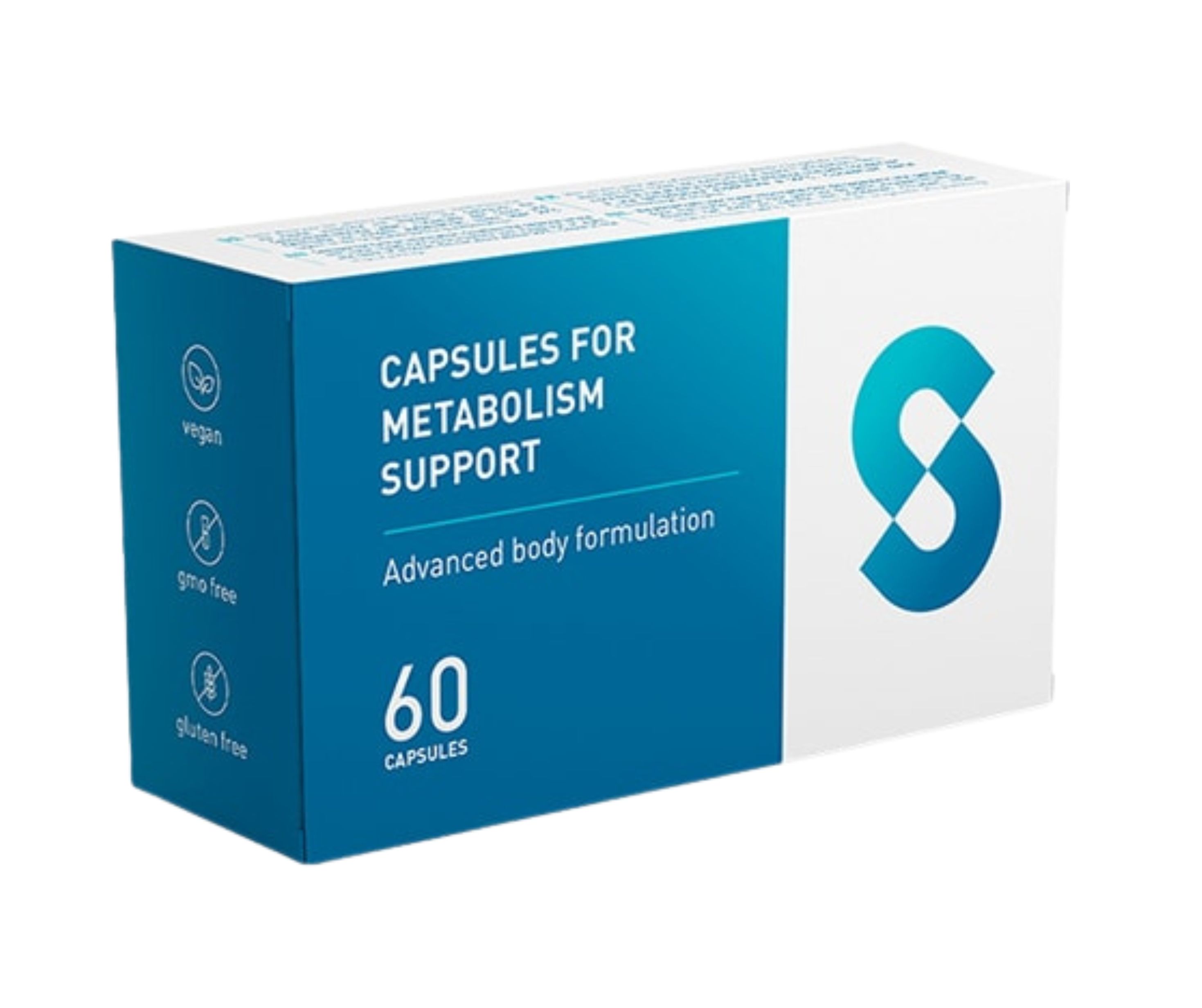 Rechthoekige doos met capsules voor ondersteuning van de stofwisseling. De blauwe kant toont "Capsules for Metabolism Support", "Advanced body formulation", en "60 Capsules". Symbolen voor veganistisch, ggo-vrij en glutenvrij zijn aanwezig. De witte kant heeft een blauw "S"-logo.