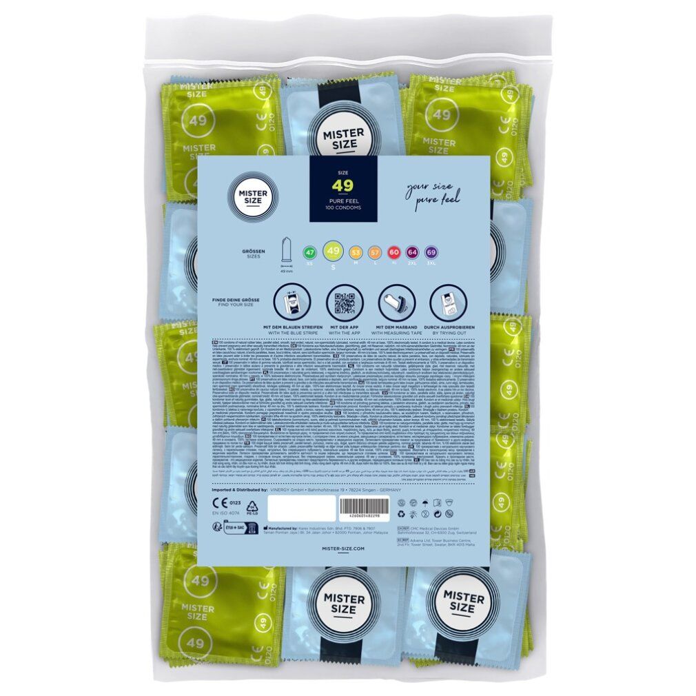 Verpackung mit Kondomen. Rückseite mit Text und Symbolen. Aufdruck: Mister Size, 49.