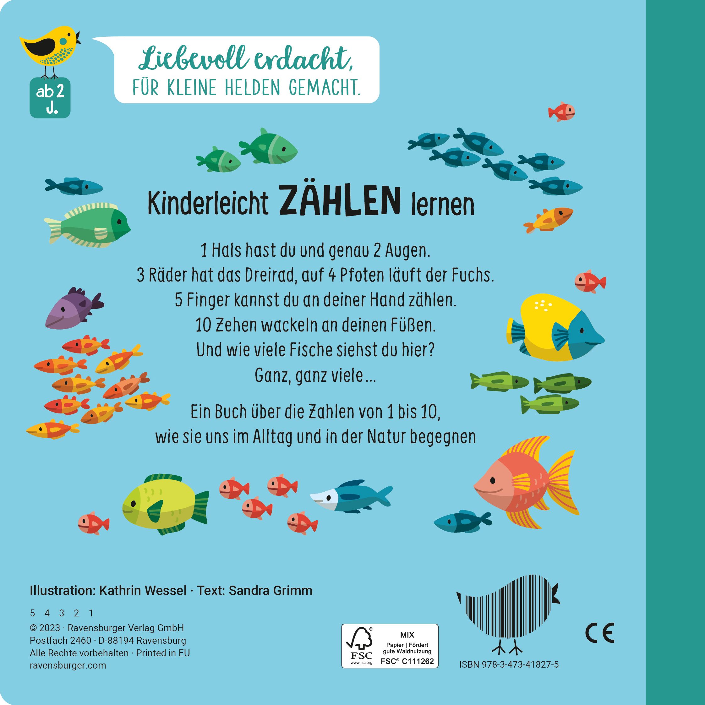 Buchrückseite: Text und Illustrationen von Fischen. Titel: Kinderleicht ZÄHLEN lernen. FSC-Siegel und CE-Kennzeichnung.