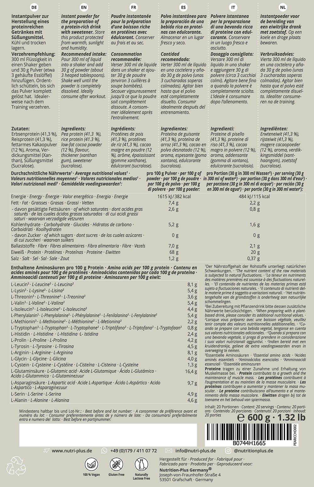 Nutri+ Proteinpulver Erbse Reis -  Lean Vhey