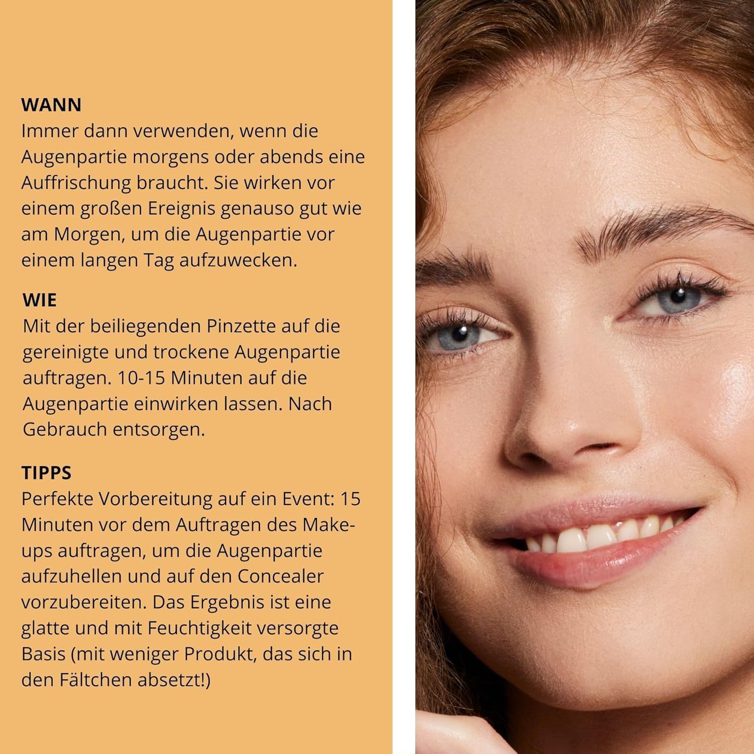 Frau mit Augen-Pads. Text: Wann, Wie, Tipps. Produktname und Logo NIP+FAB.
