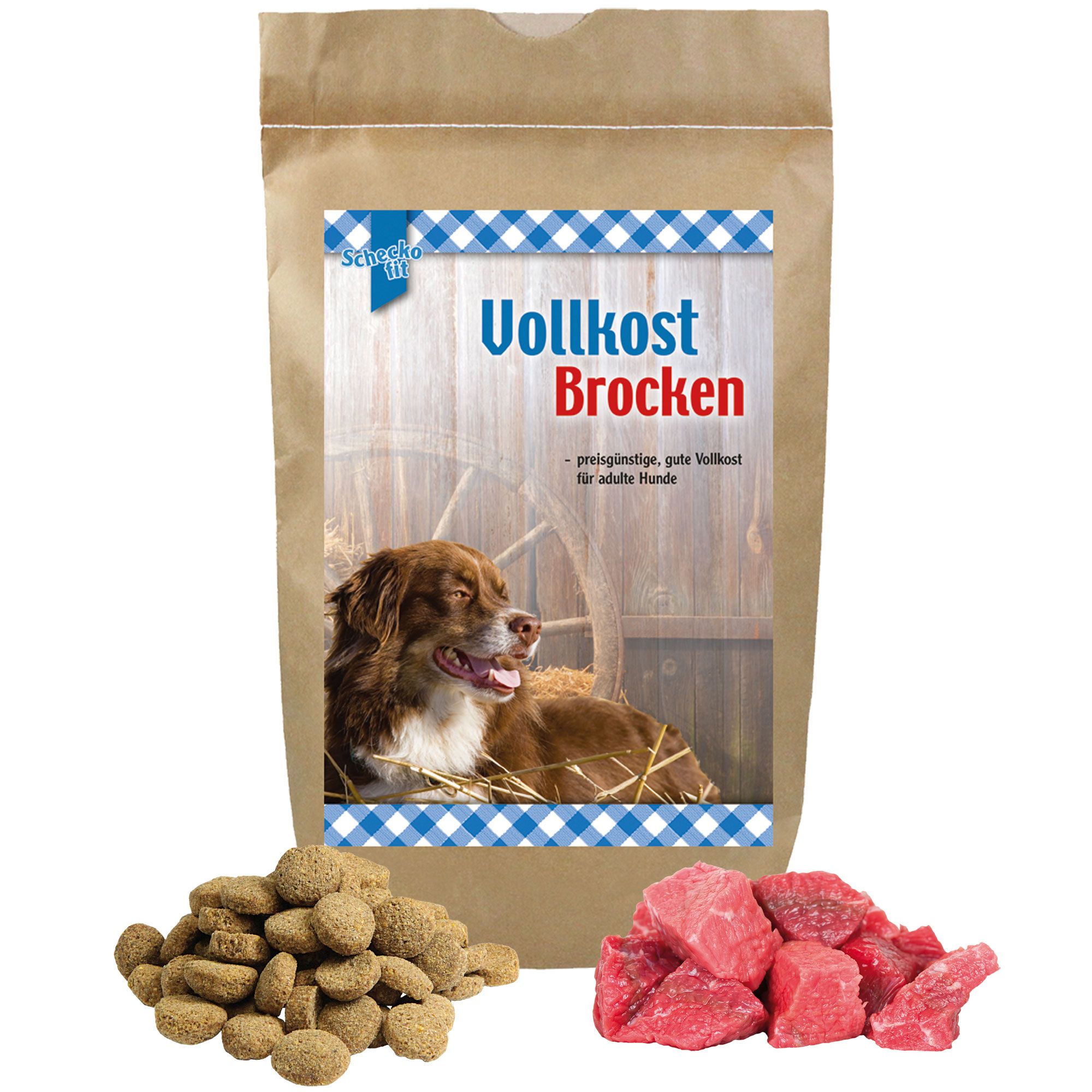 Braune Papiertüte mit Aufdruck. Etikett: Schecker Vollkost Brocken, Hund auf Heu. Daneben Futterbrocken und Fleischstücke.
