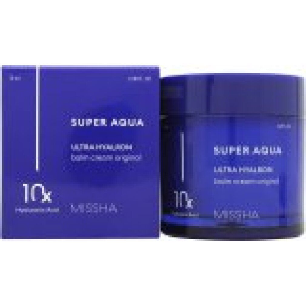 Blaue Creme-Dose und -Verpackung. Aufschrift: Super Aqua Ultra Hyalron Balm Cream Original. Marke: Missha. 10x Hyaluronsäure.