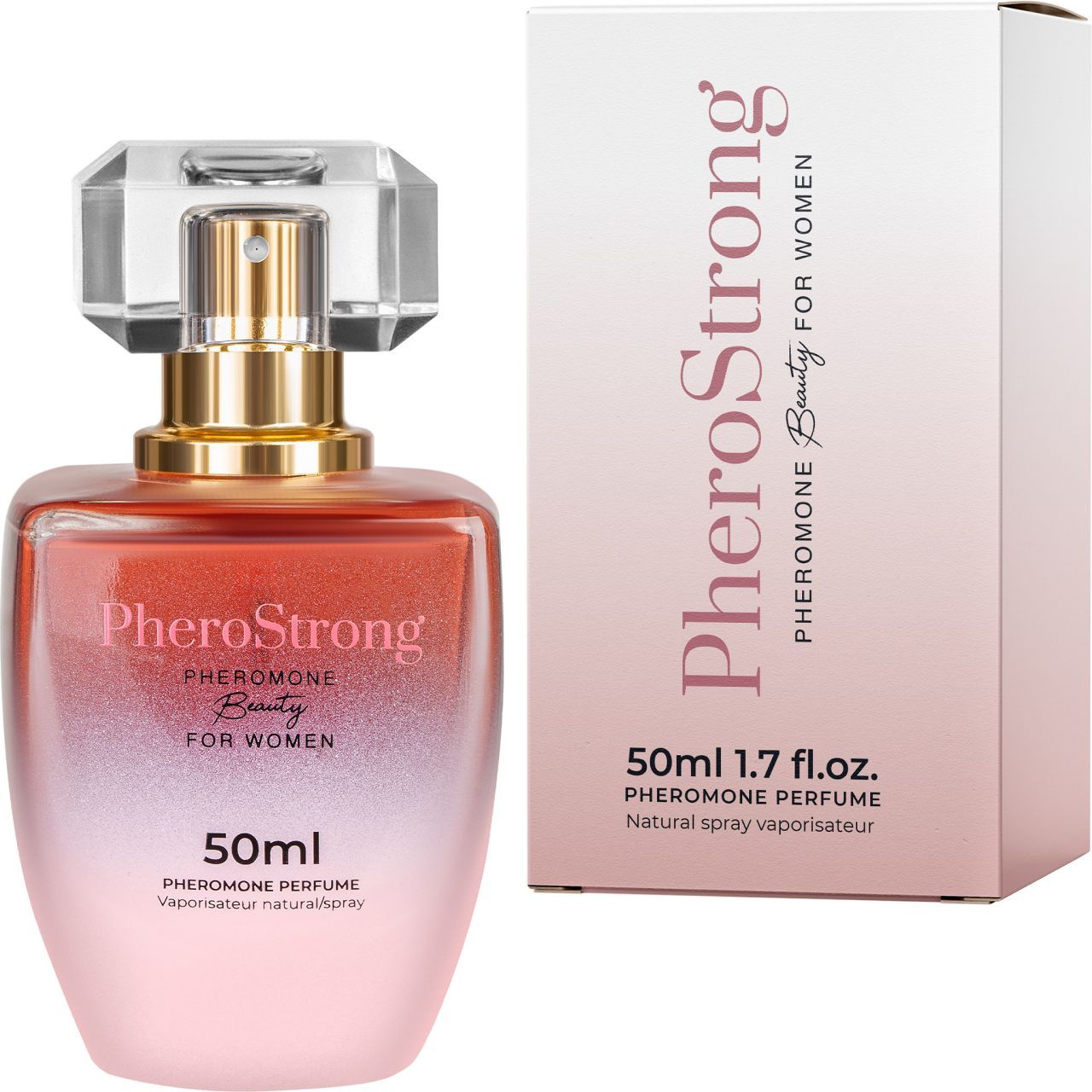 PheroStrong Beauty für Frauen Parfümflasche und Verpackung. 50ml. Farbverlauf von Rosa nach Rot. Transparenter Deckel. Weißer Karton.