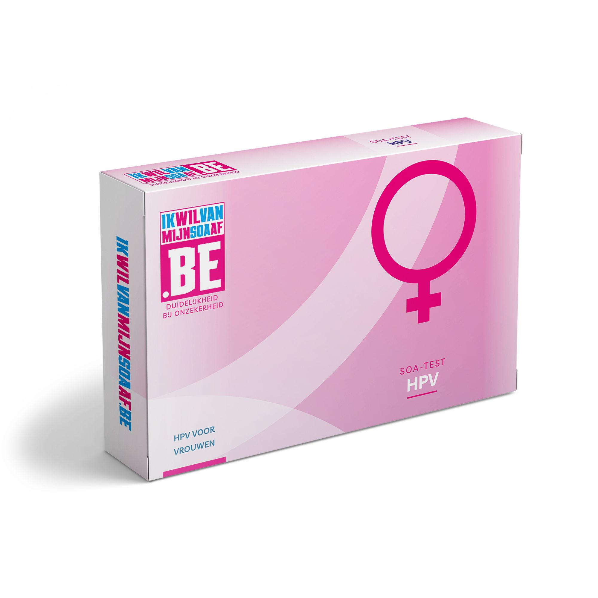 Rosa Schachtel mit Aufschrift 'IK WIL VAN MIJNSOAA AF'. Enthält einen HPV-Test für Frauen. Großes weibliches Symbol.